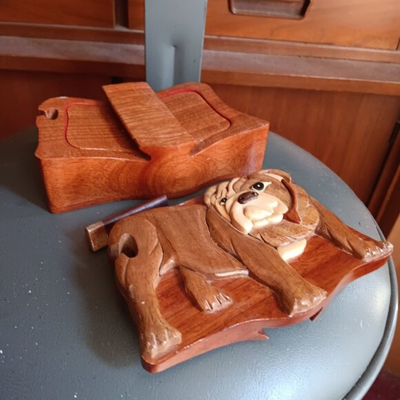 Hand-Carved Wooden Bulldog Puzzle Trinket Jewelry Box Hidden Compartment Hawaii - Picture 5 of 10